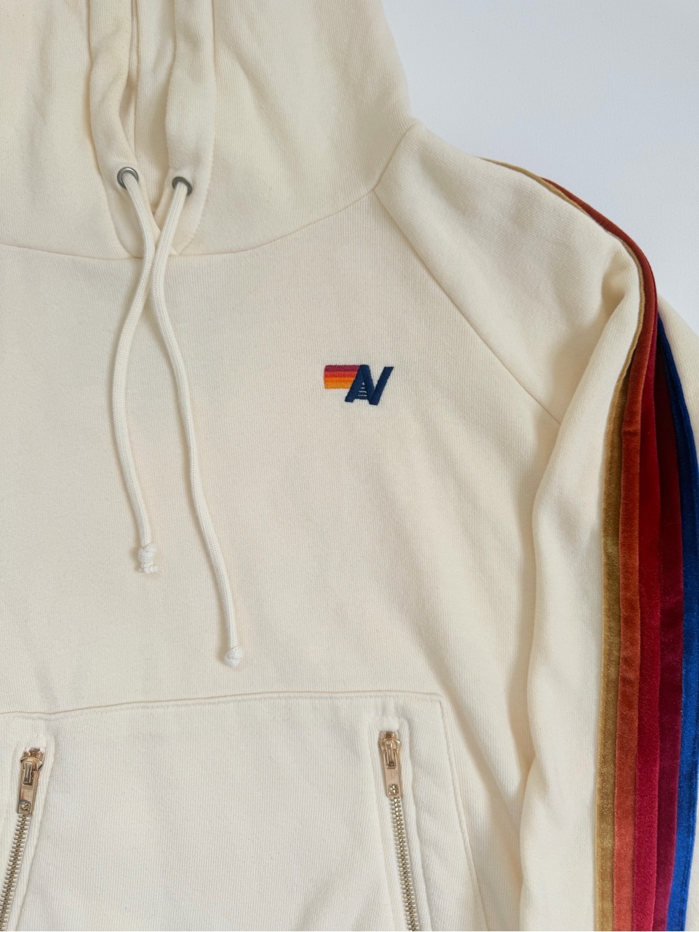 Aviator Nation Cream Hoodie with velvet Stripe Sleeve - RARE 🌈 MEDIUM